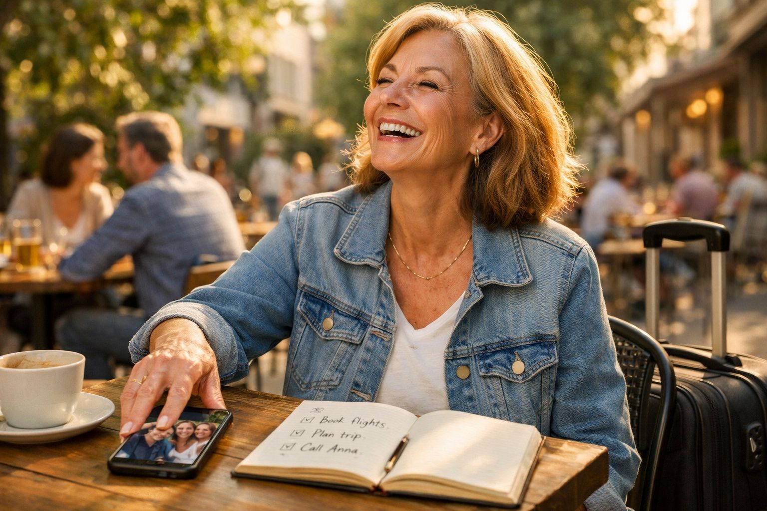 Mulher sorridente sentada numa esplanada com caderno de notas e telemóvel à sua frente.
