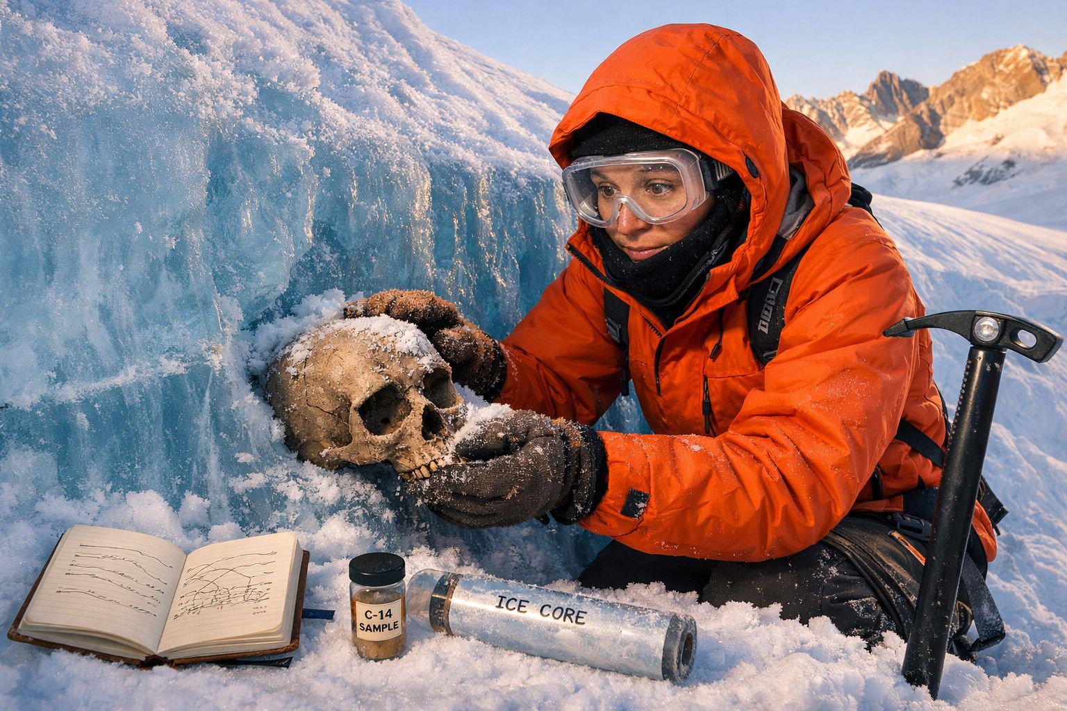 Investigador em roupa de inverno laranja analisa crânio humano num glaciar coberto de gelo azul.