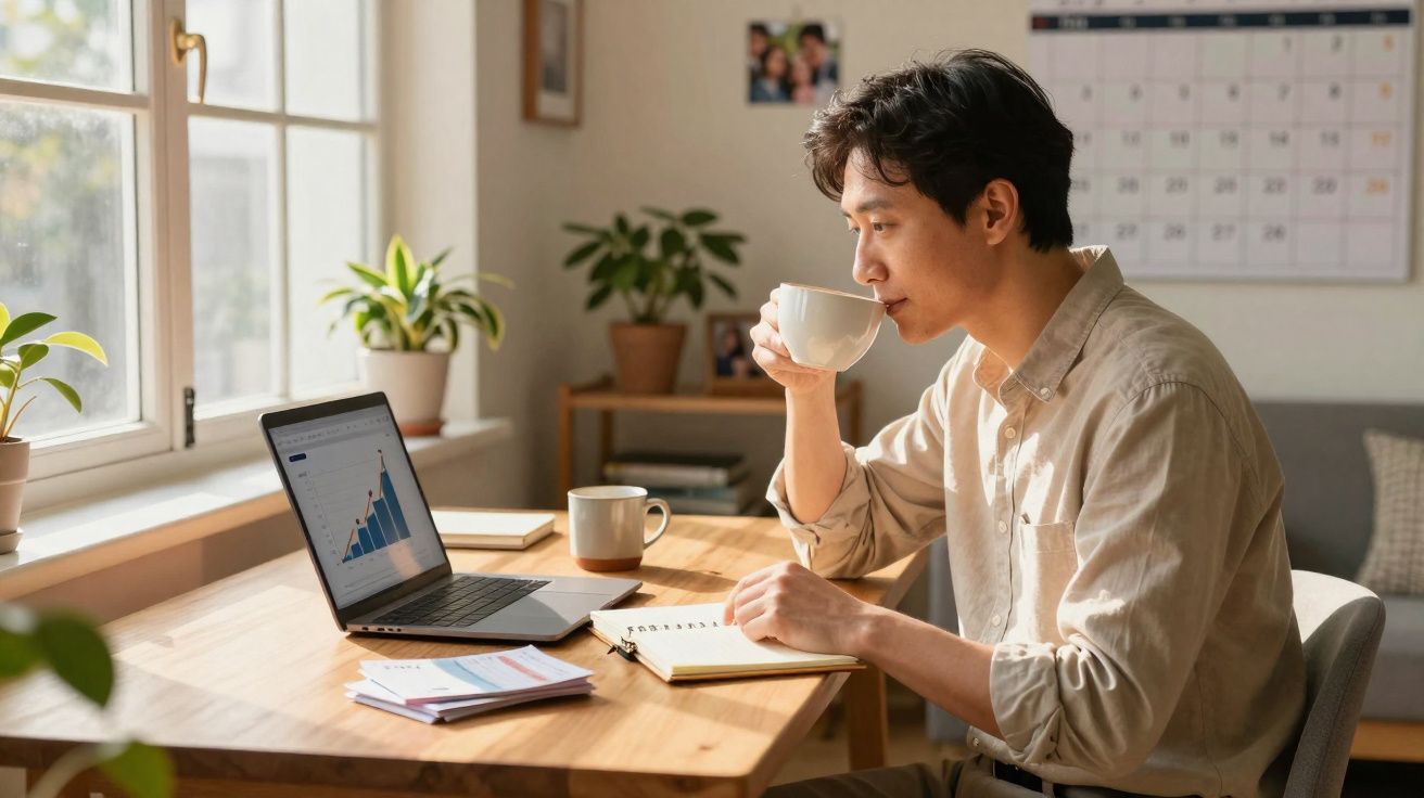 Homem sentado a trabalhar num computador portátil, a beber numa chávena numa mesa junto à janela.