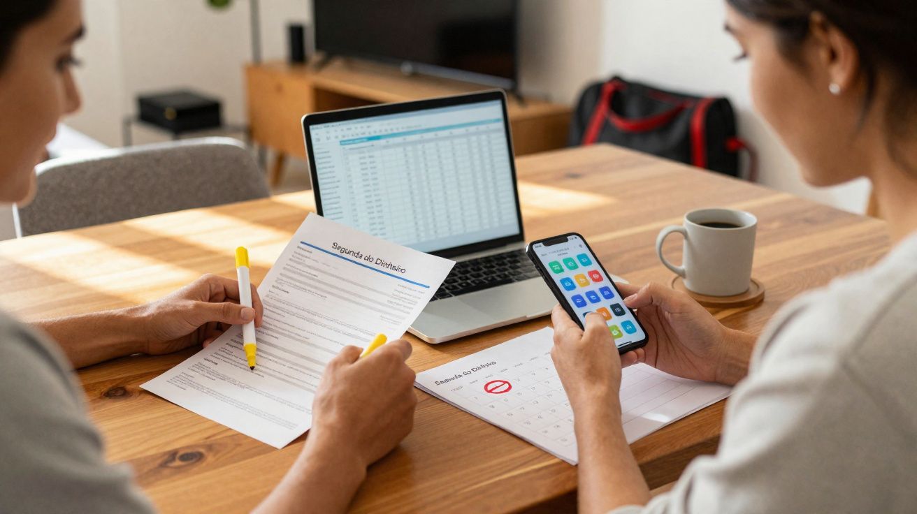 Duas pessoas analisam documentos financeiros, com laptop e smartphone numa mesa de madeira.