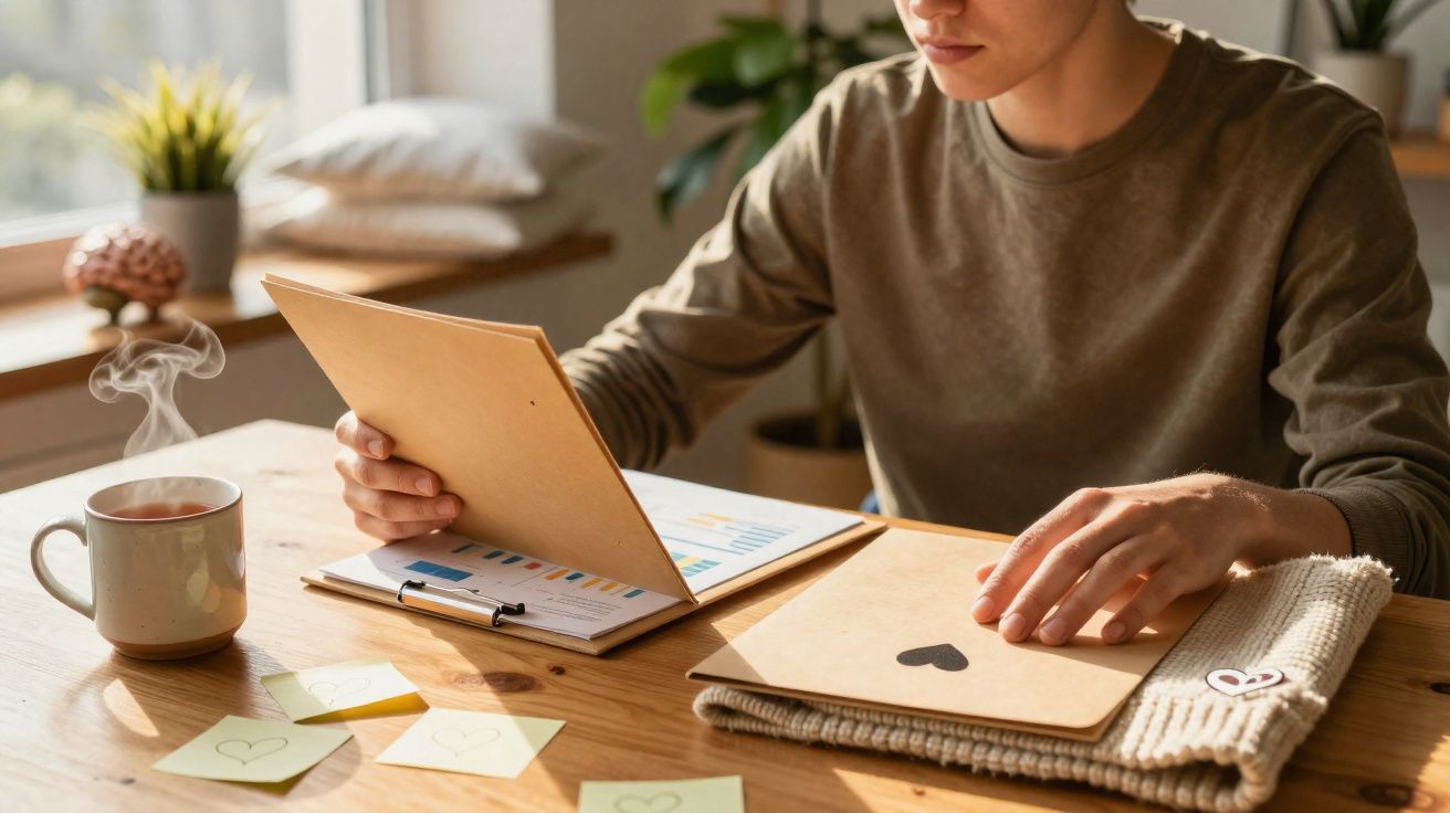 Pessoa a ler documentos em envelope sobre mesa com chá quente e notas adesivas com corações.