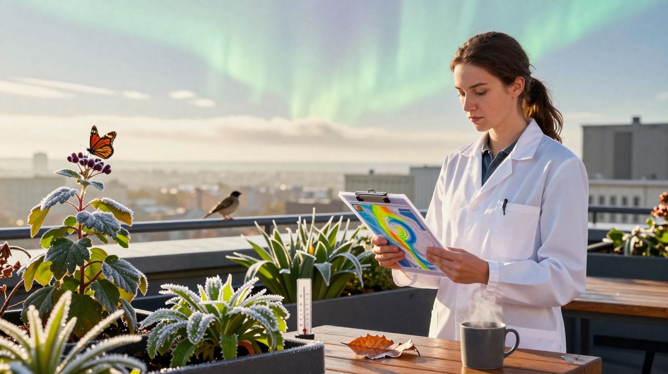 Jovem cientista a estudar plantas num terraço com aurora boreal ao fundo.