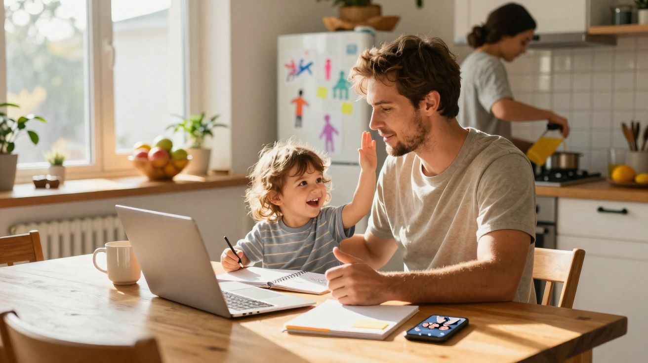 Pai e filho a fazerem trabalhos juntos à mesa da cozinha, enquanto mulher cozinha ao fundo.