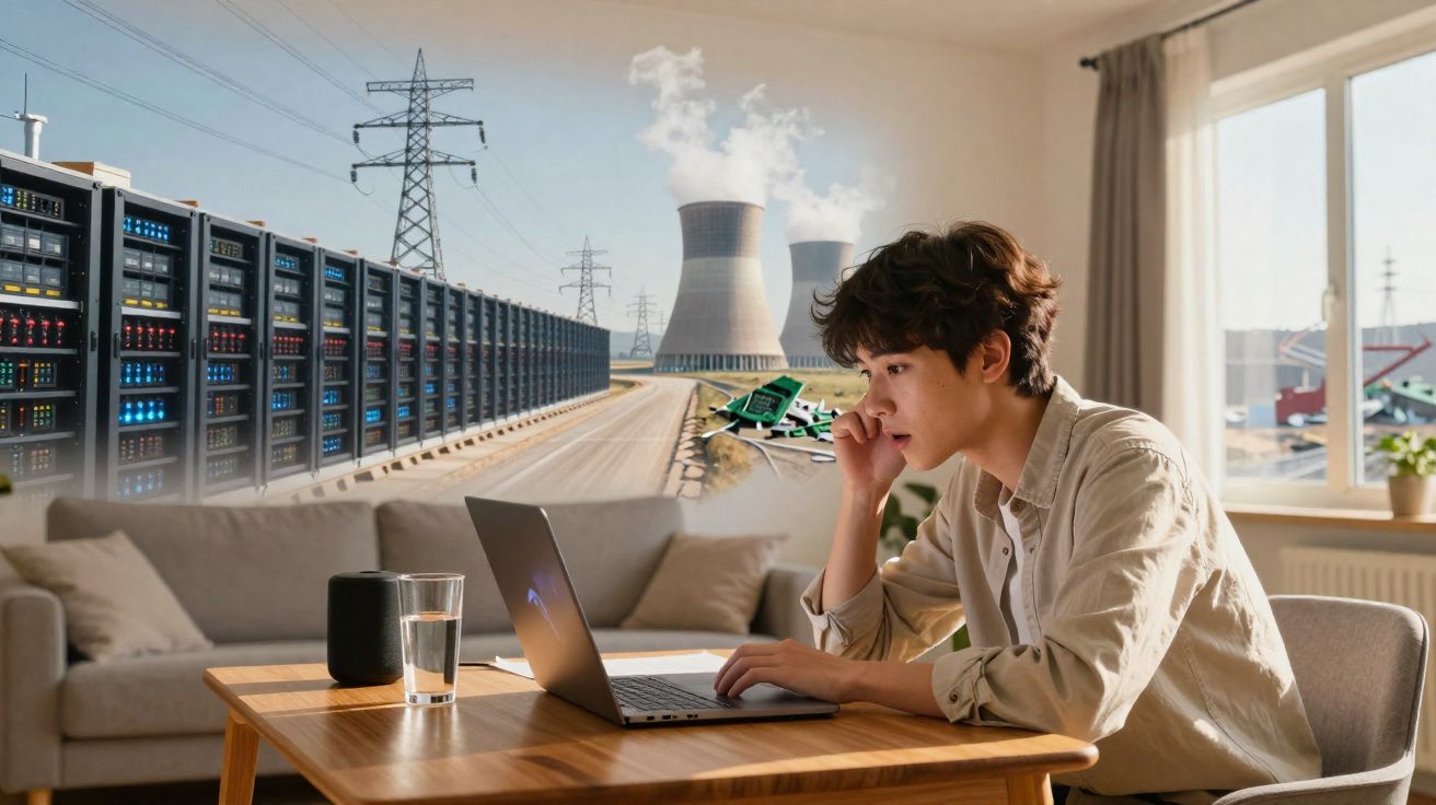 Pessoa jovem a trabalhar num computador portátil em casa, com imagem de centrais elétricas e servidores ao fundo.