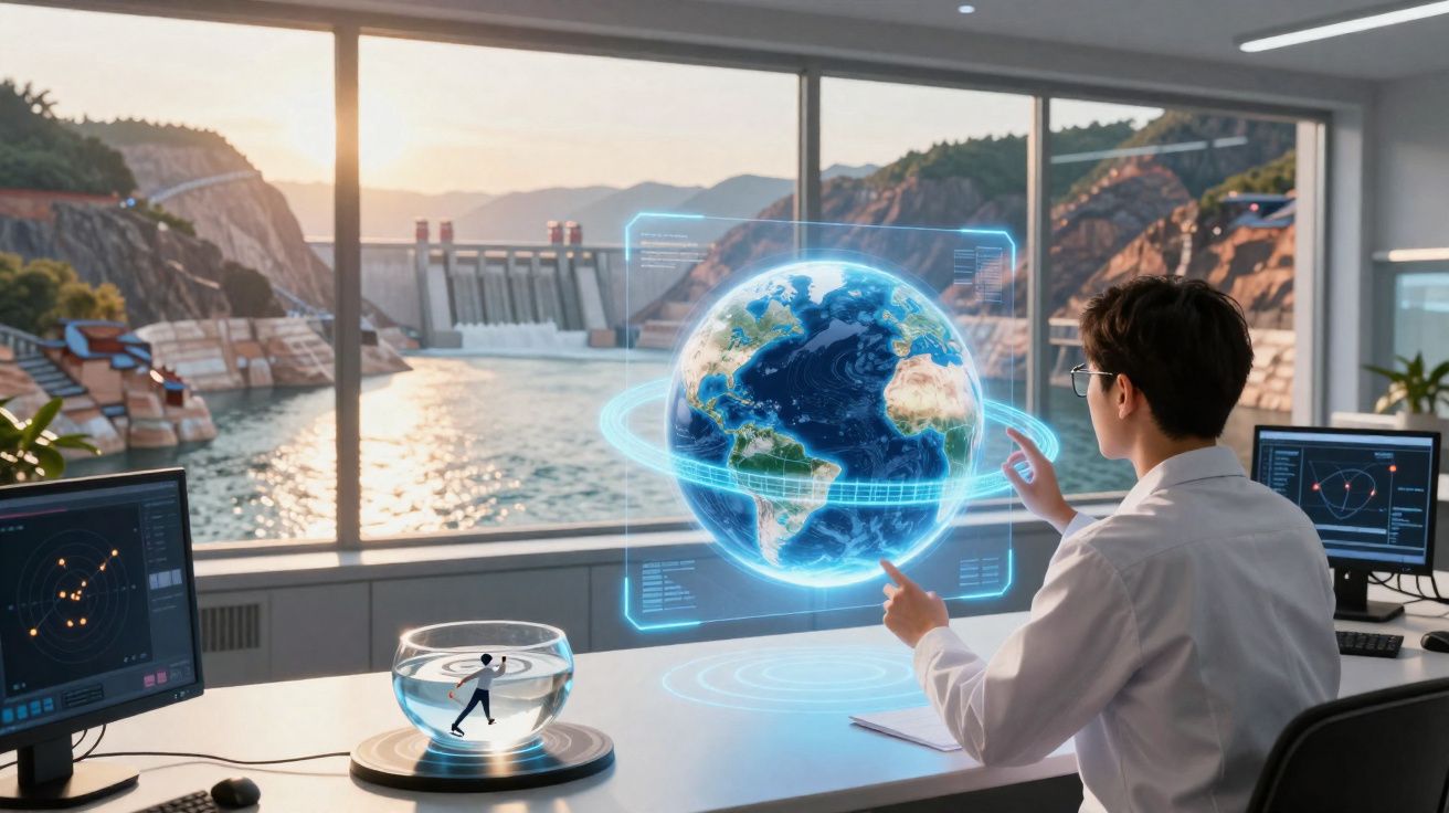 Pessoa em laboratório interagindo com globo terrestre holográfico e aquário com figura pequena dentro, vista de barragem atrá