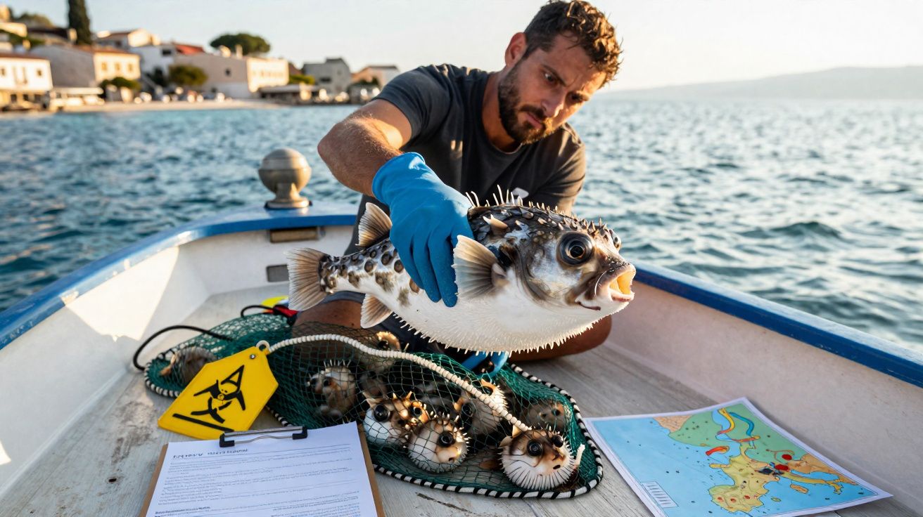Homem numa pequena embarcação a segurar um baiacu vivo com luvas azuis no mar junto à costa.