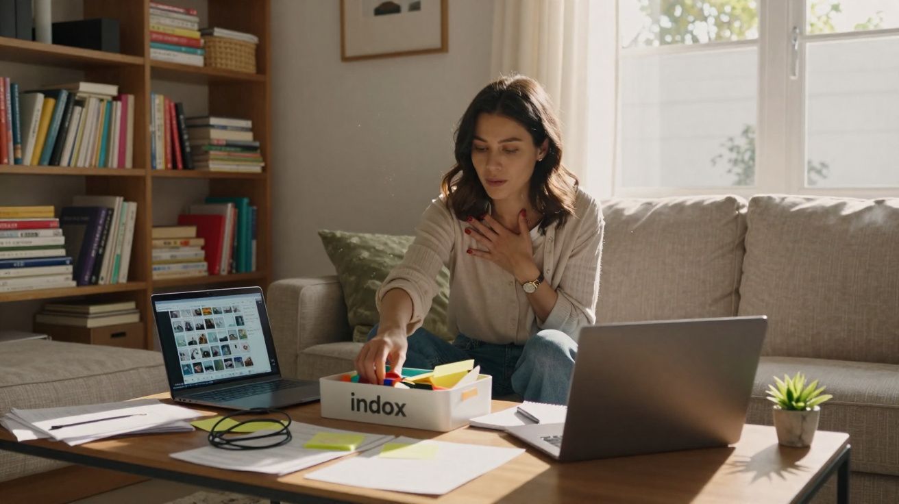 Mulher sentada no sofá a organizar notas coloridas, com dois computadores portáteis e documentos numa mesa à sua frente.