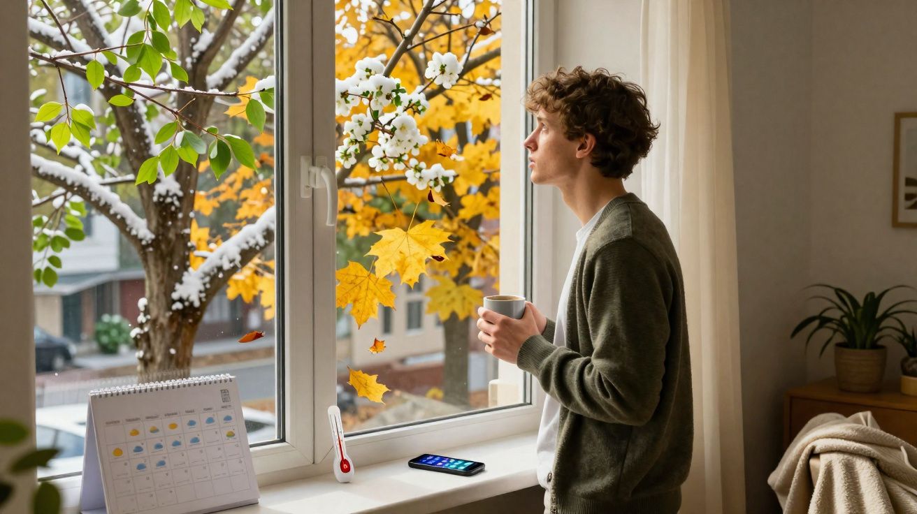 Jovem de casaco verde a beber chá junto à janela, olhando para árvores com folhas amarelas de outono.