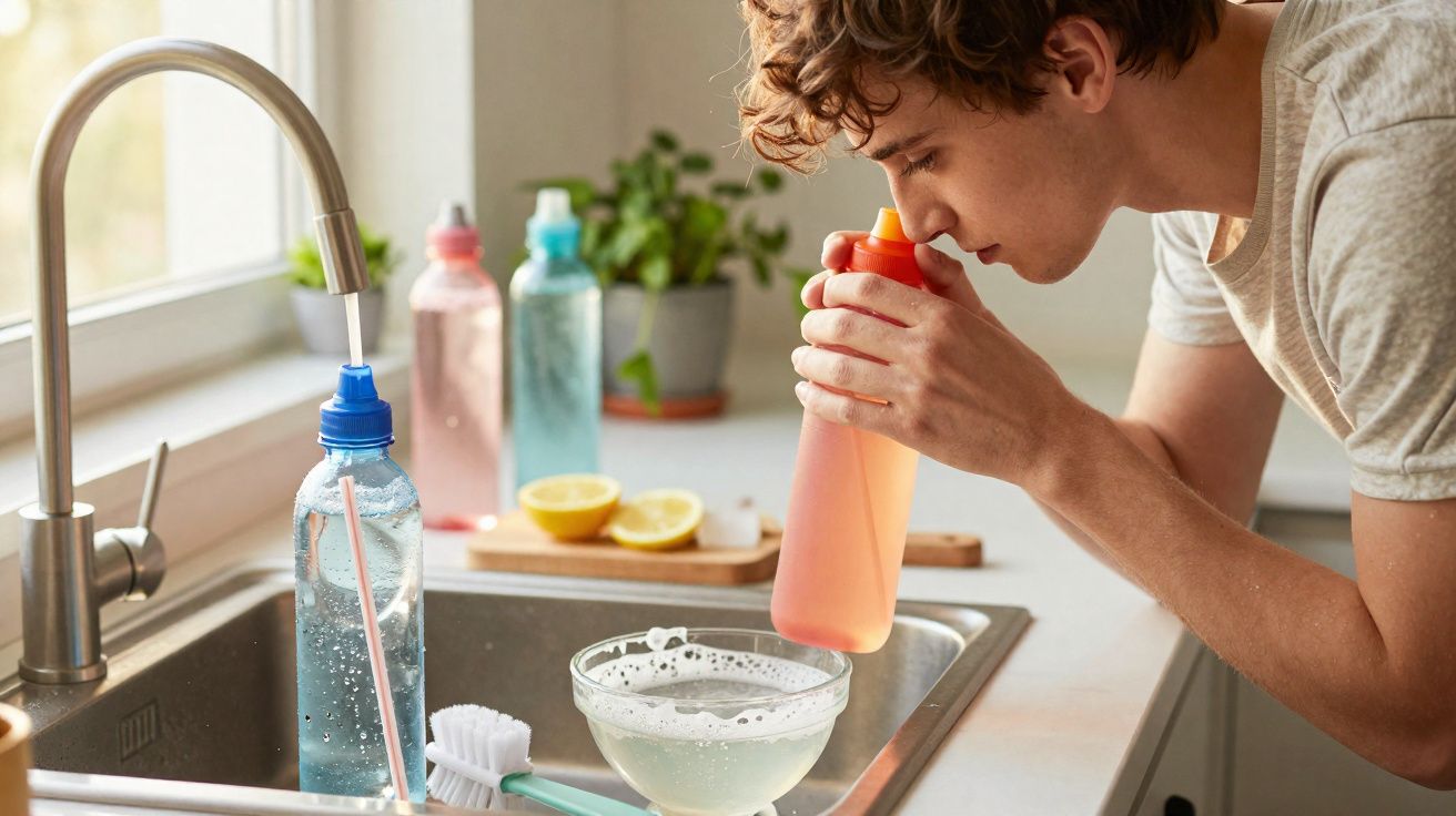 Homem a cheirar detergente líquido na cozinha junto à pia com vários frascos e limões ao fundo.