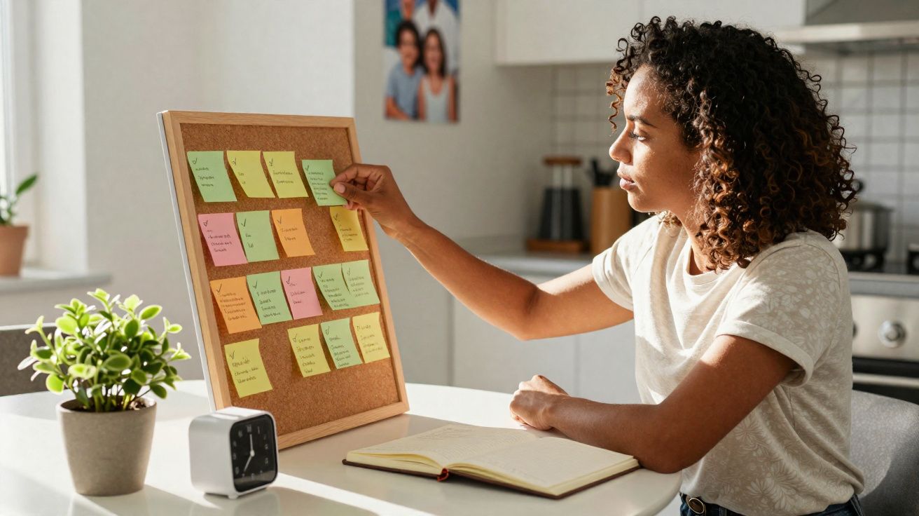 Mulher sentada a organizar notas coloridas num quadro de cortiça numa cozinha bem iluminada.