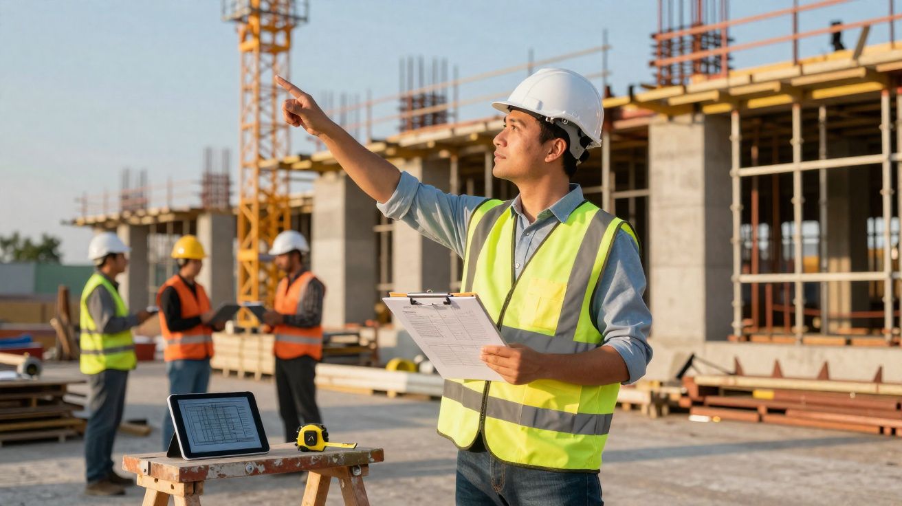 Engenheiro com colete e capacete a apontar em obra, com equipa e materiais em fundo.