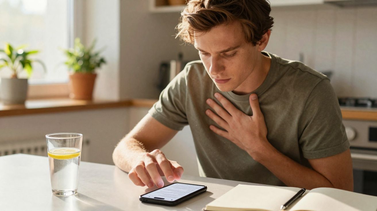 Jovem em casa lê mensagem num telemóvel com expressão preocupada, com um copo de água e caderno à frente.
