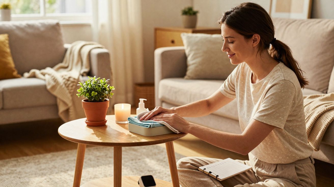Mulher limpa as unhas sentada no chão junto a uma mesa de café numa sala iluminada e acolhedora.