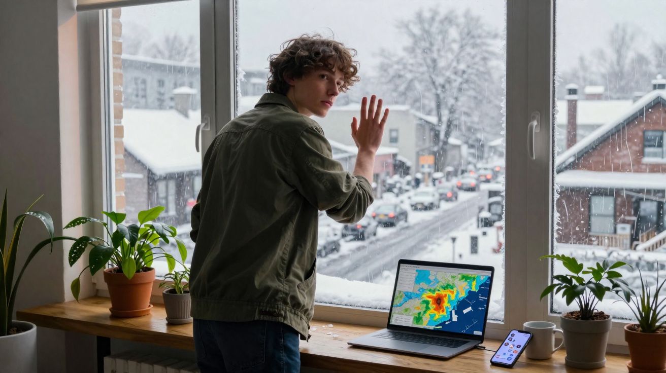 Jovem a olhar pela janela para uma cidade nevada, com um computador e smartphone numa mesa junto à janela.