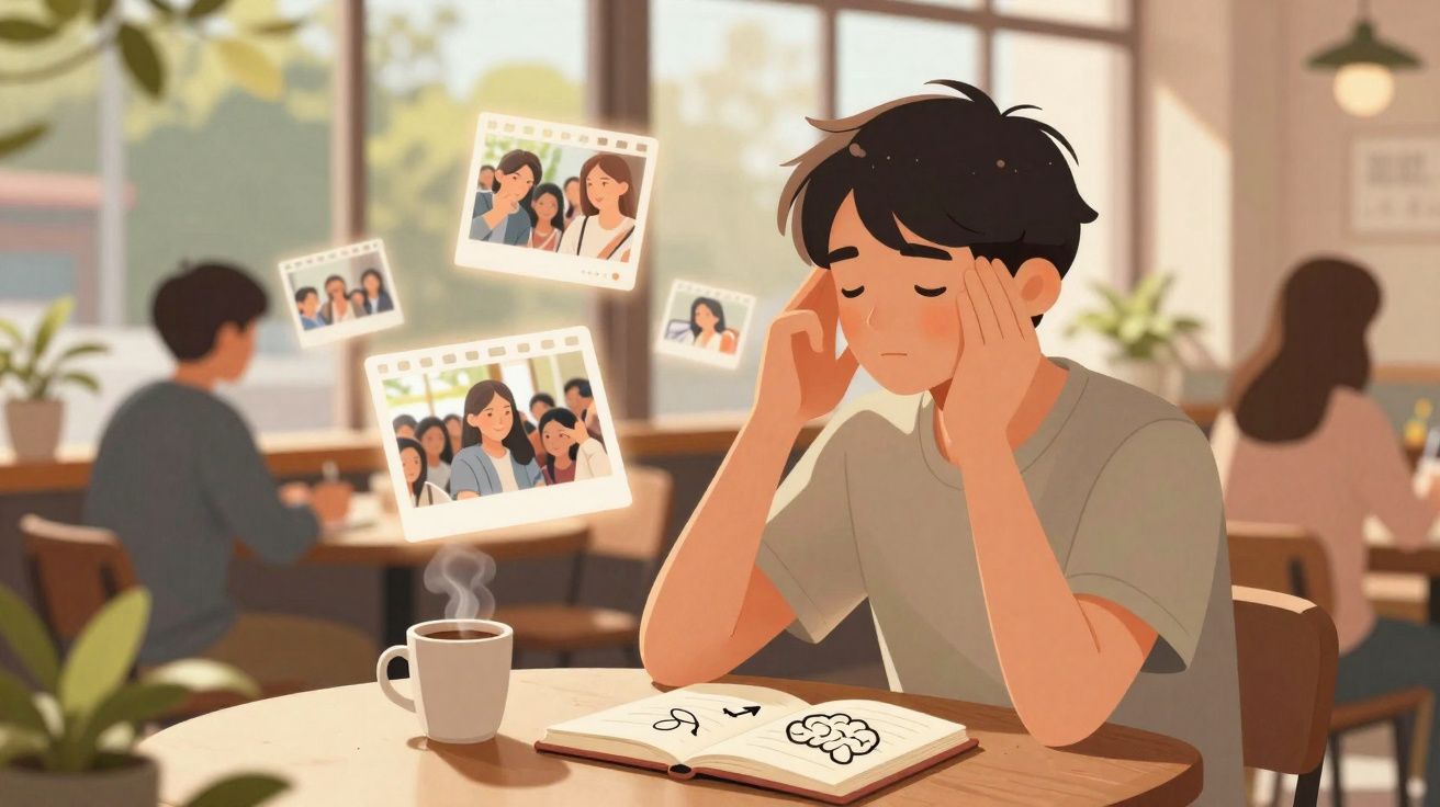 Jovem preocupado sentado numa mesa, a pensar em fotografias enquanto lê um livro com desenhos.