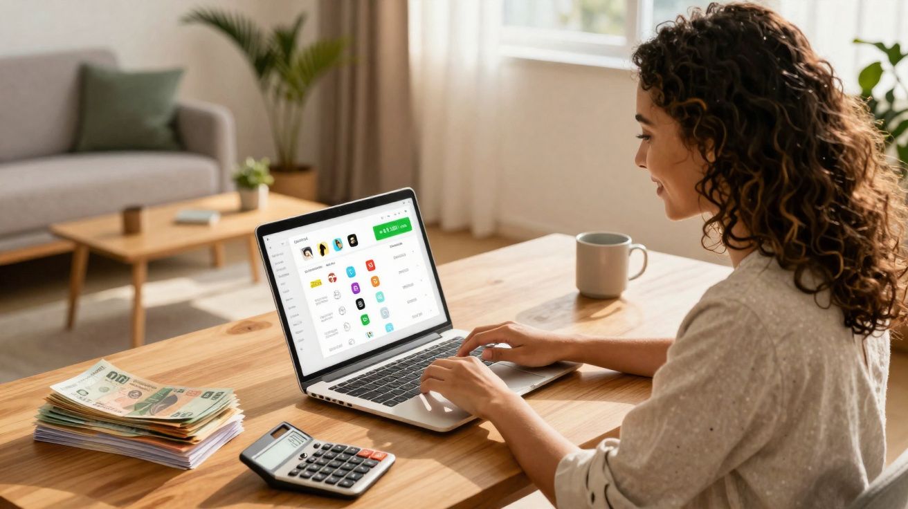 Mulher a trabalhar no computador portátil numa mesa com calculadora, dinheiro e chá numa sala iluminada.