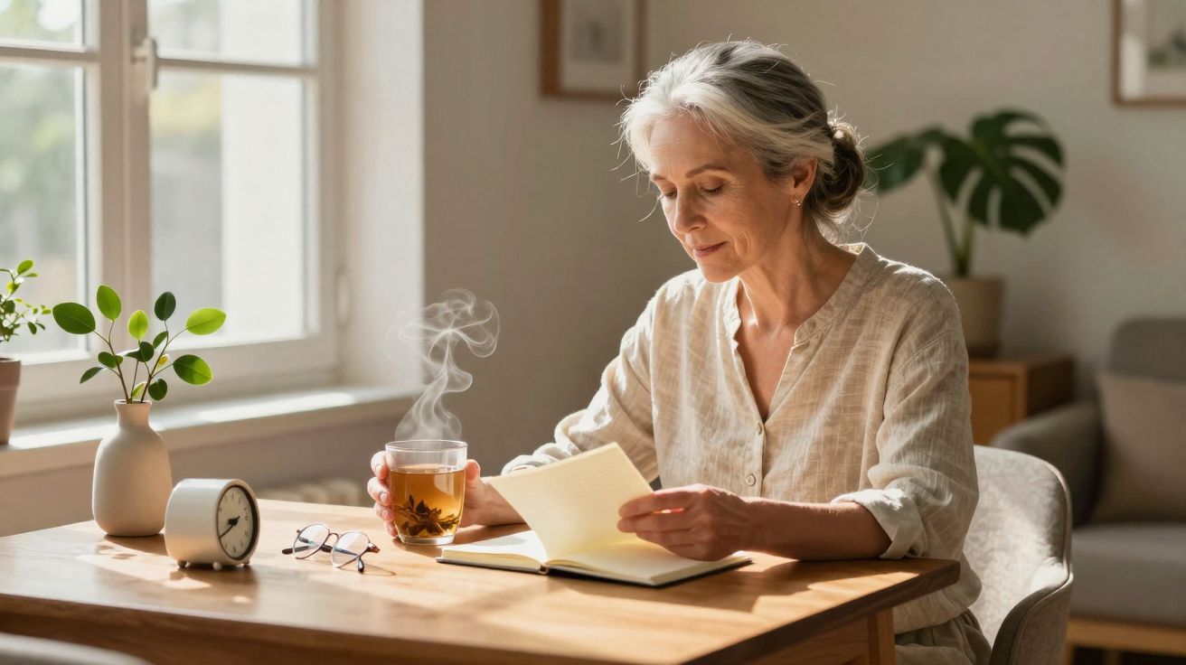 Mulher idosa a ler um livro e a beber chá quente sentada numa mesa com relógio e planta junto à janela.