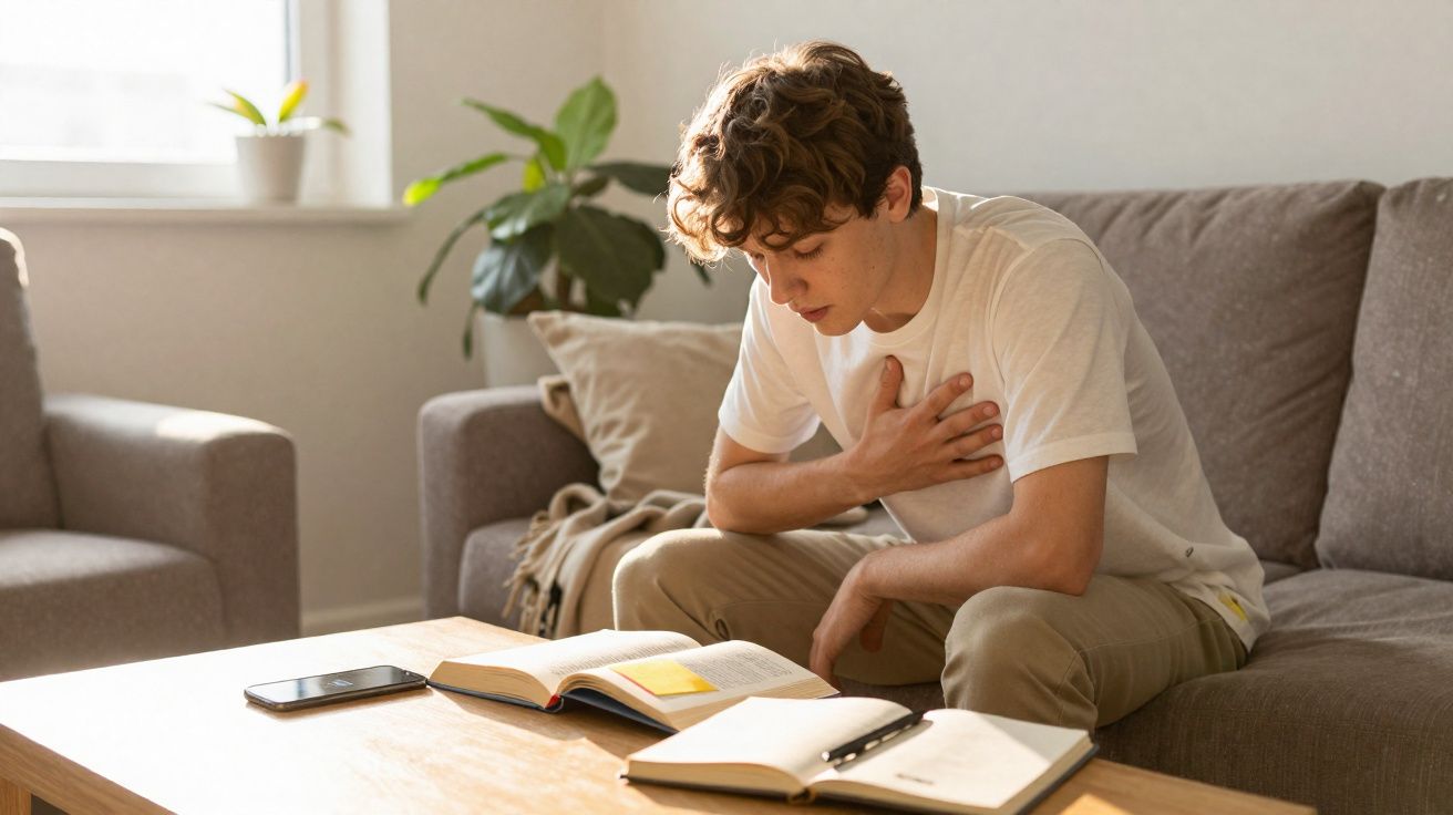 Jovem sentado no sofá, com expressão de desconforto e mão no peito, rodeado de livros e telemóvel na mesa.