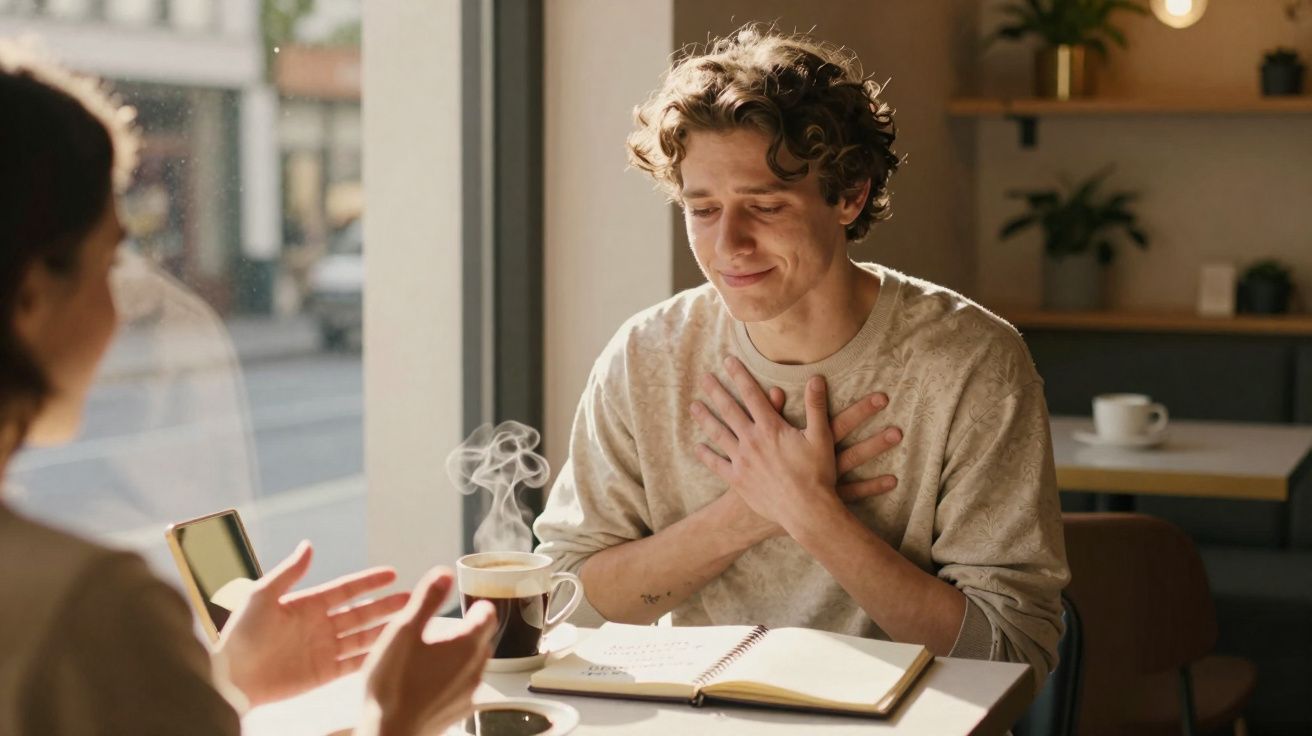 Jovem com expressão emocionada agradece sentado numa cafetaria com café e caderno aberto à frente.