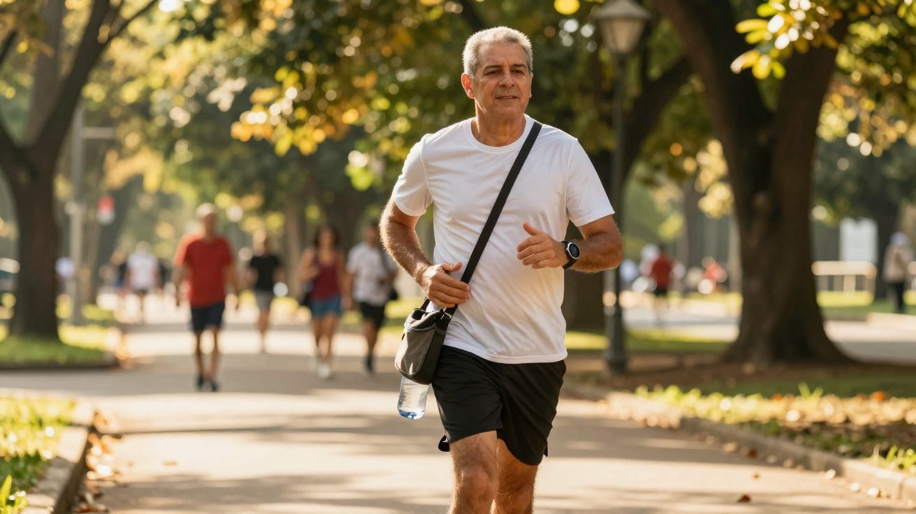 Homem sénior a correr num parque urbano com árvores e pessoas ao fundo num dia com sol.