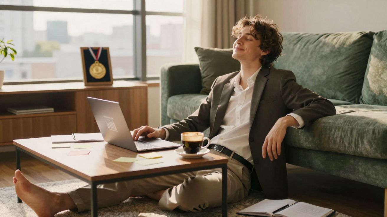 Jovem sentado no chão junto ao sofá, com portátil na mesa e sorrindo, desfrutando de pausa no trabalho.
