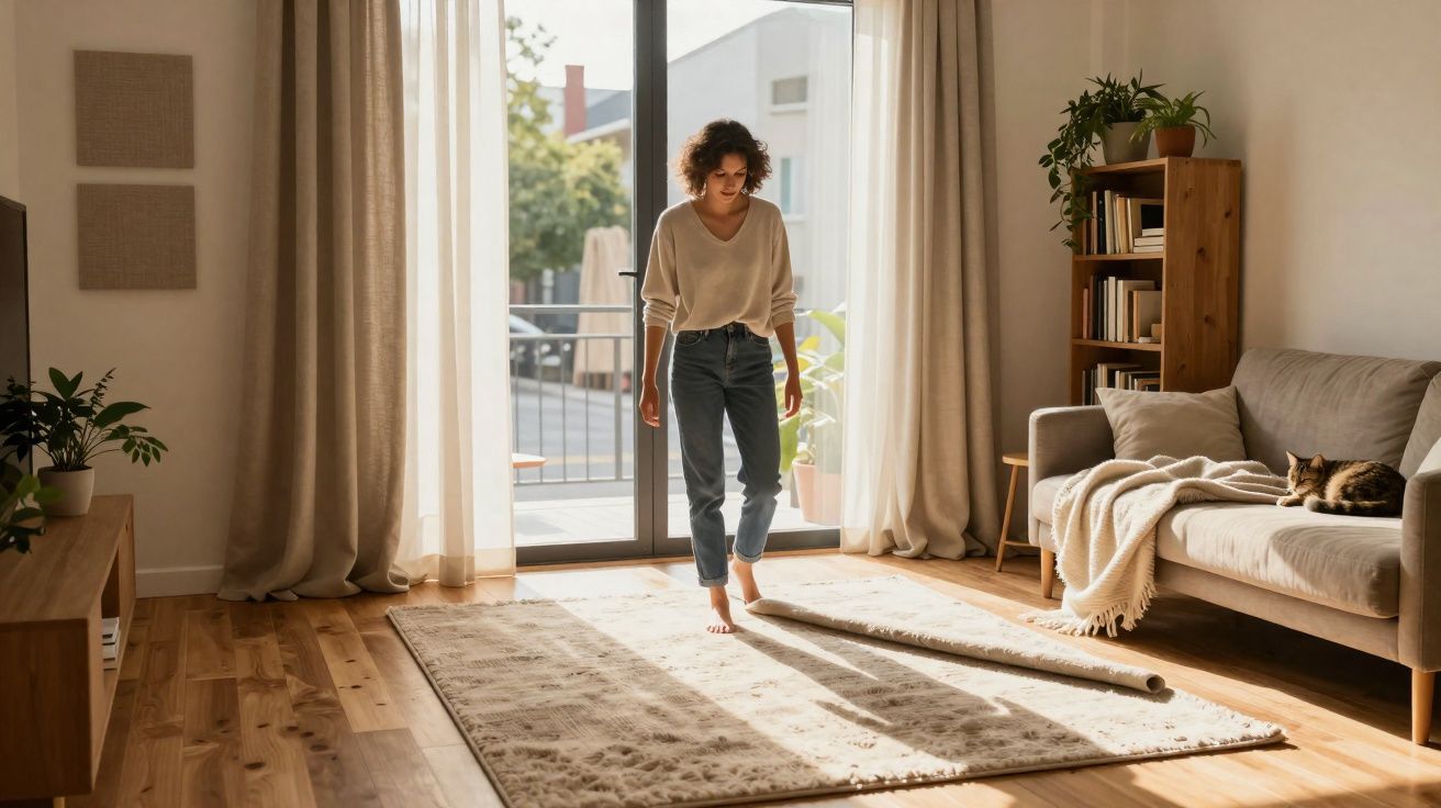 Mulher descalça a estender um tapete num salão luminoso com sofá e gato a descansar.