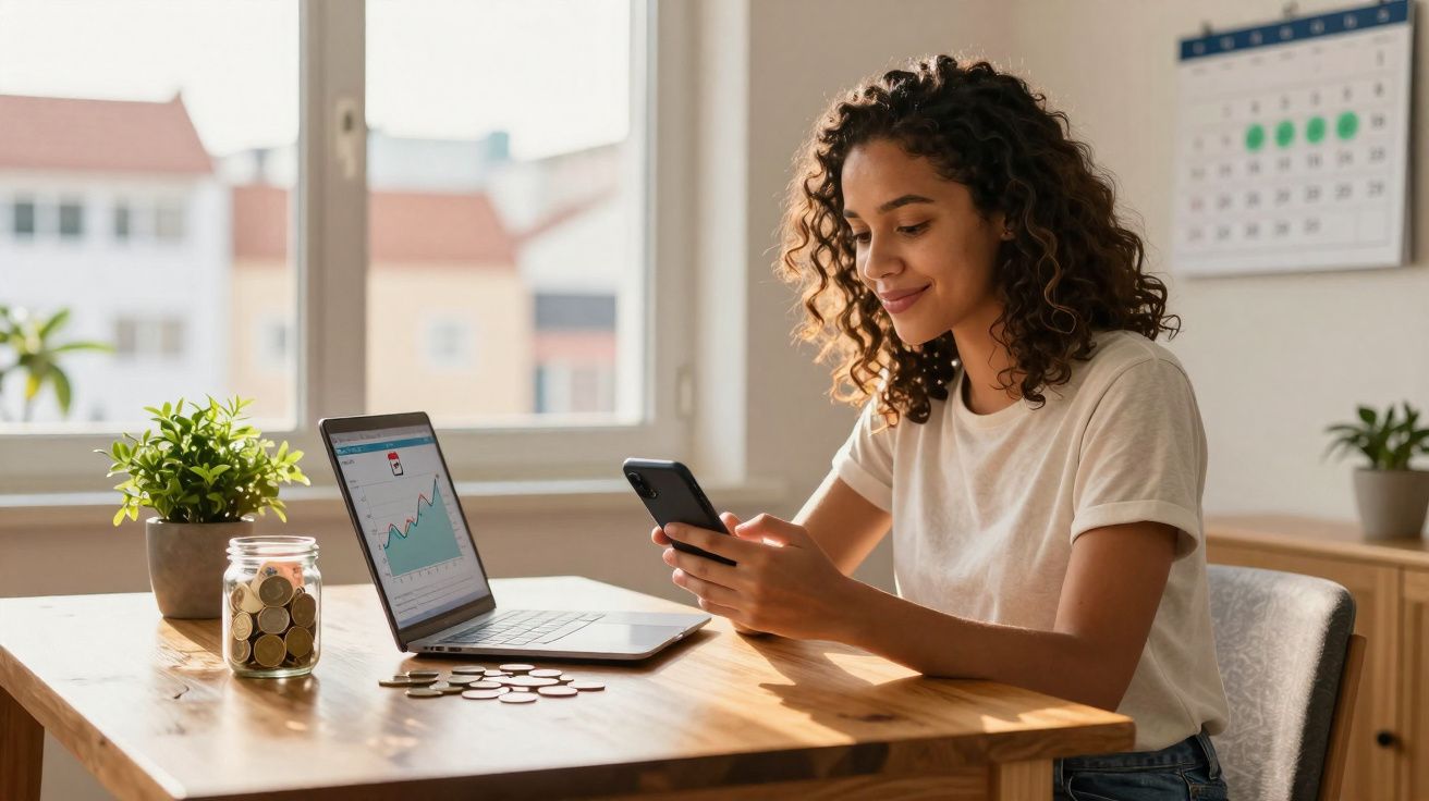 Mulher sentada numa mesa com computador, a olhar para o telemóvel, perto de um pote com moedas e uma planta.