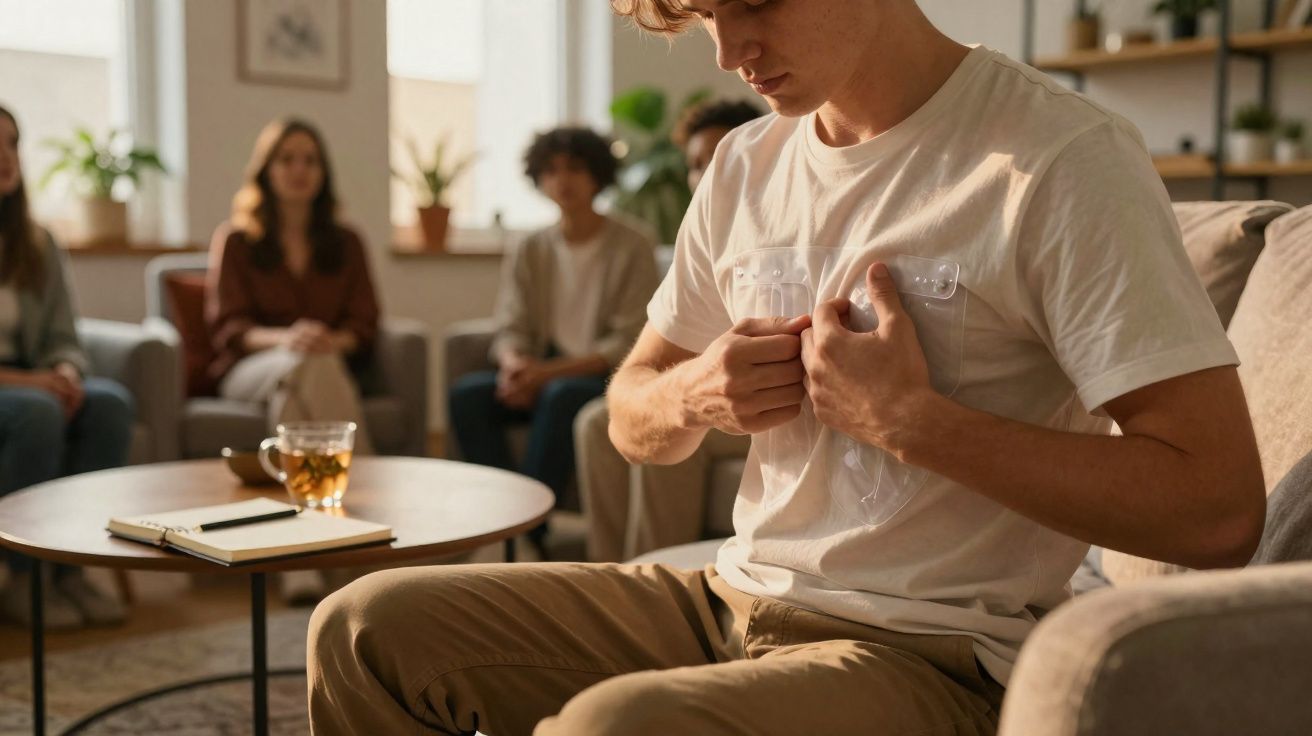 Homem sentado a apertar um saco de gelo no peito durante sessão de grupo numa sala iluminada.