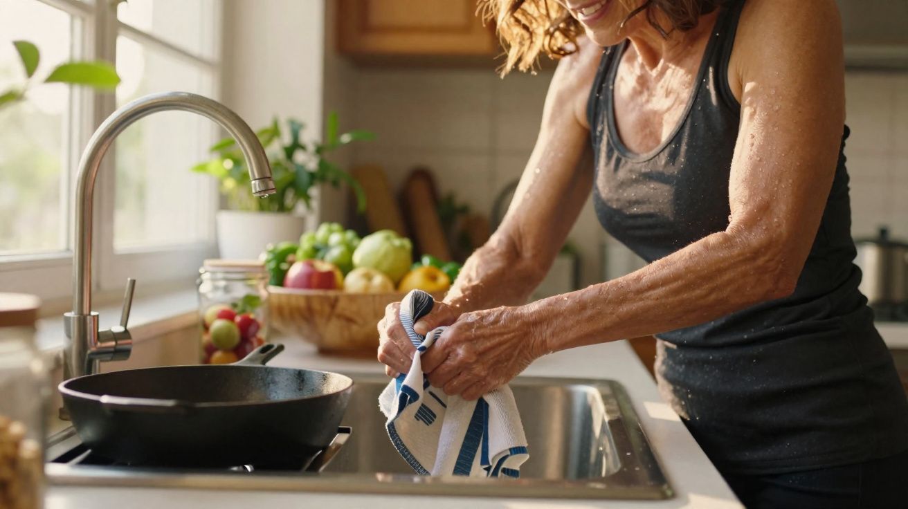 Mulher a secar as mãos com uma toalha na cozinha perto da pia, ao lado de uma frigideira e frutas.