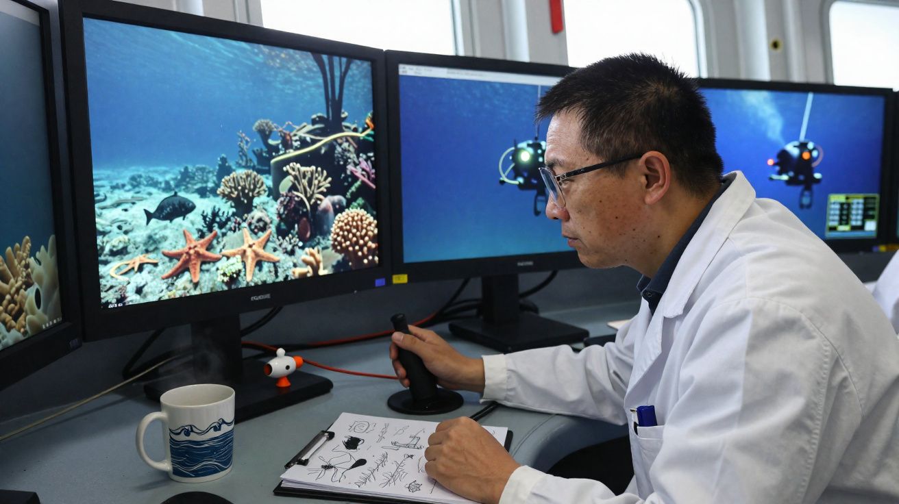 Cientista em laboratório controla robô subaquático enquanto observa ecossistema marinho em múltiplos ecrãs.