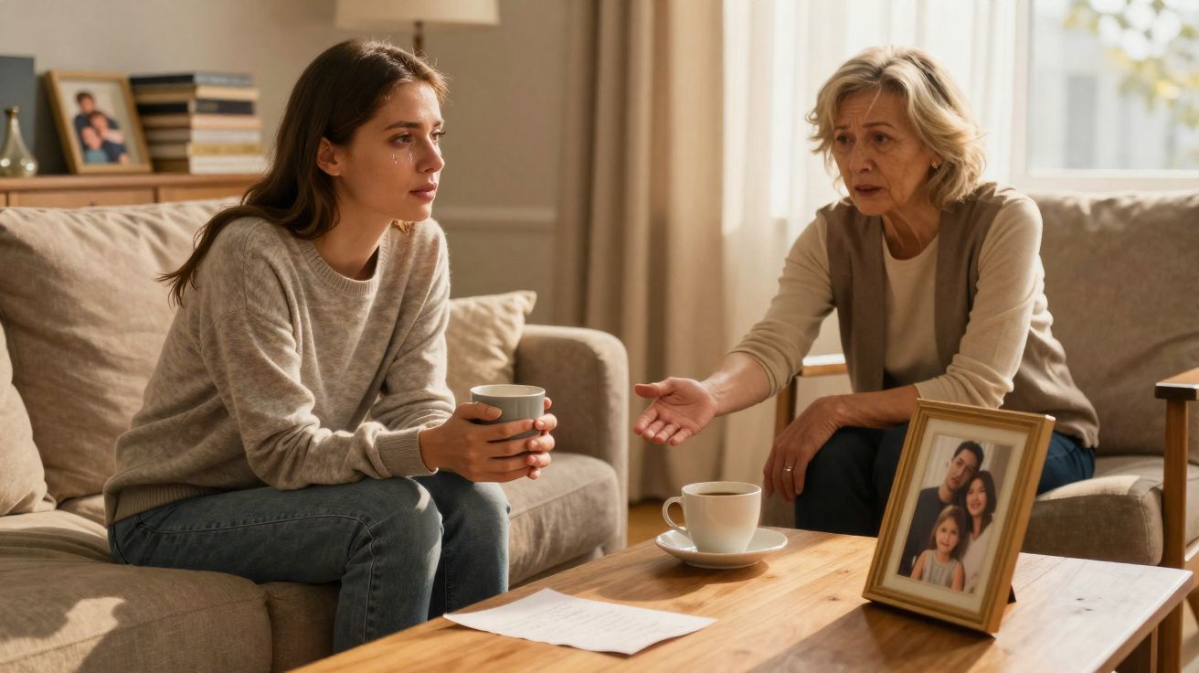 Mulher jovem triste conversa com senhora mais velha numa sala com chá e fotos de família na mesa.