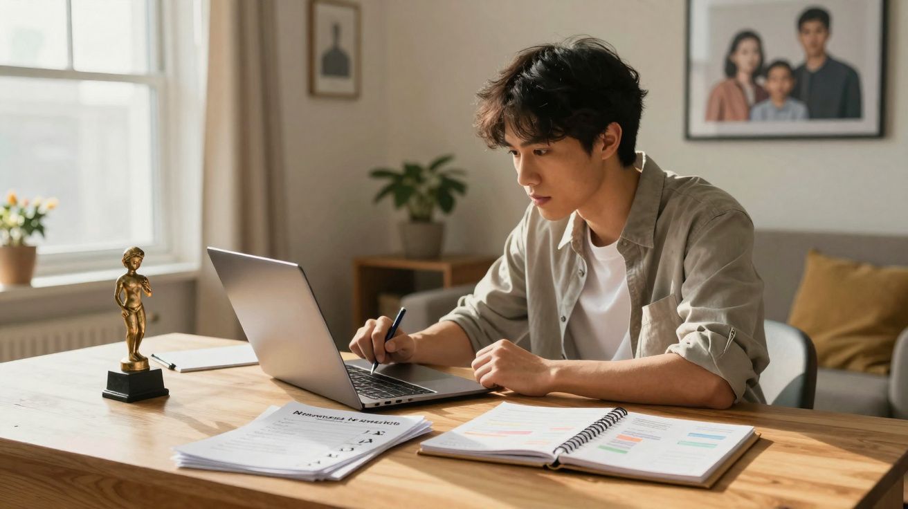Jovem a trabalhar num computador portátil com cadernos e documentos numa mesa numa sala bem iluminada.