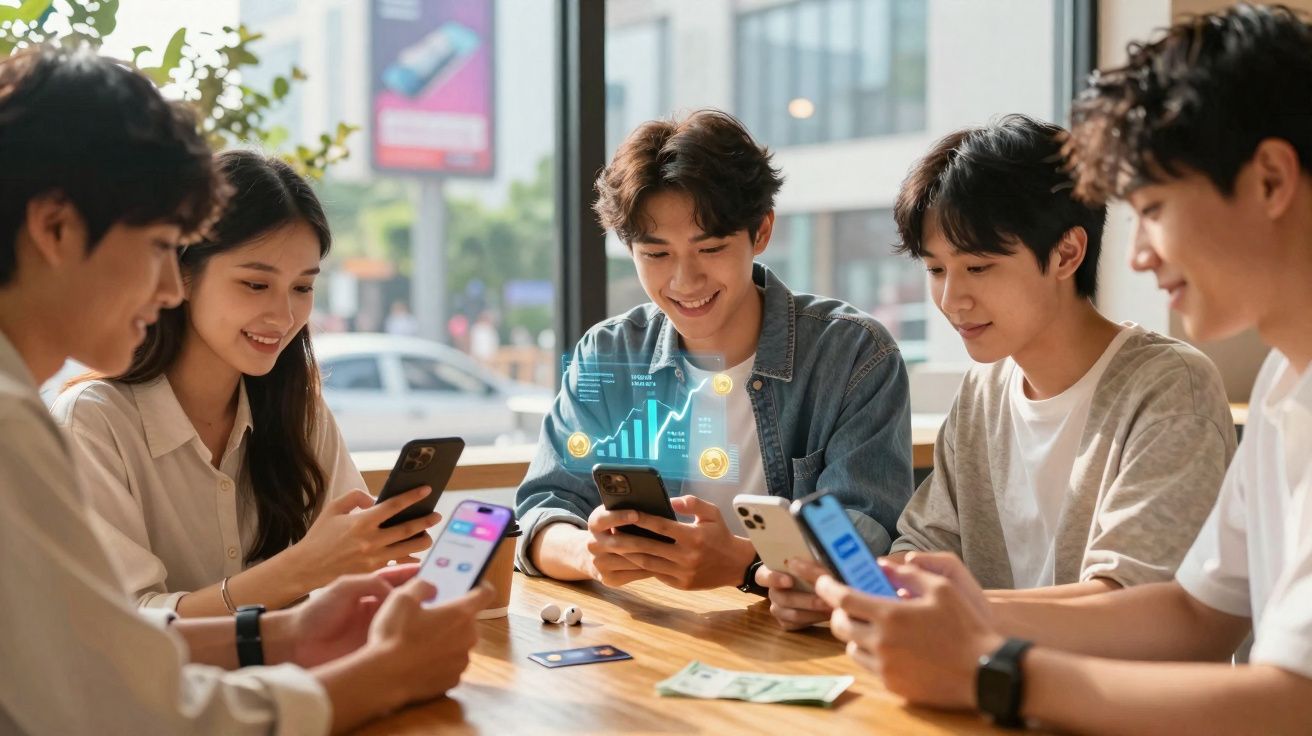 Grupo de jovens sentados numa mesa, a usar smartphones e interagir com gráficos digitais.