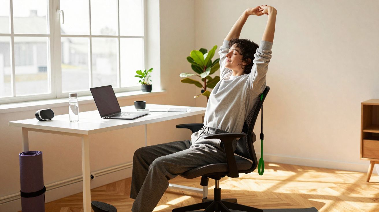 Pessoa a alongar-se sentada numa cadeira de escritório junto a uma secretária com computador portátil e garrafa de água.