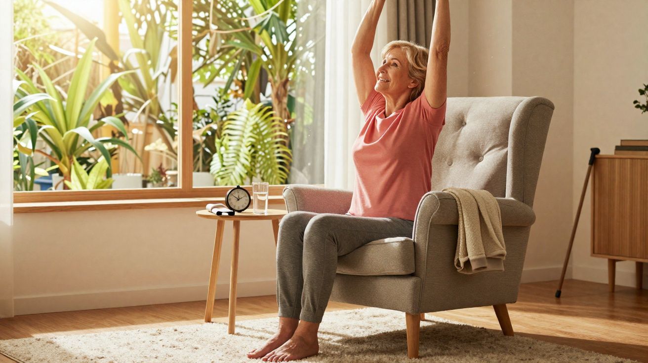 Mulher idosa a fazer alongamentos sentada numa poltrona numa sala iluminada com plantas à janela.