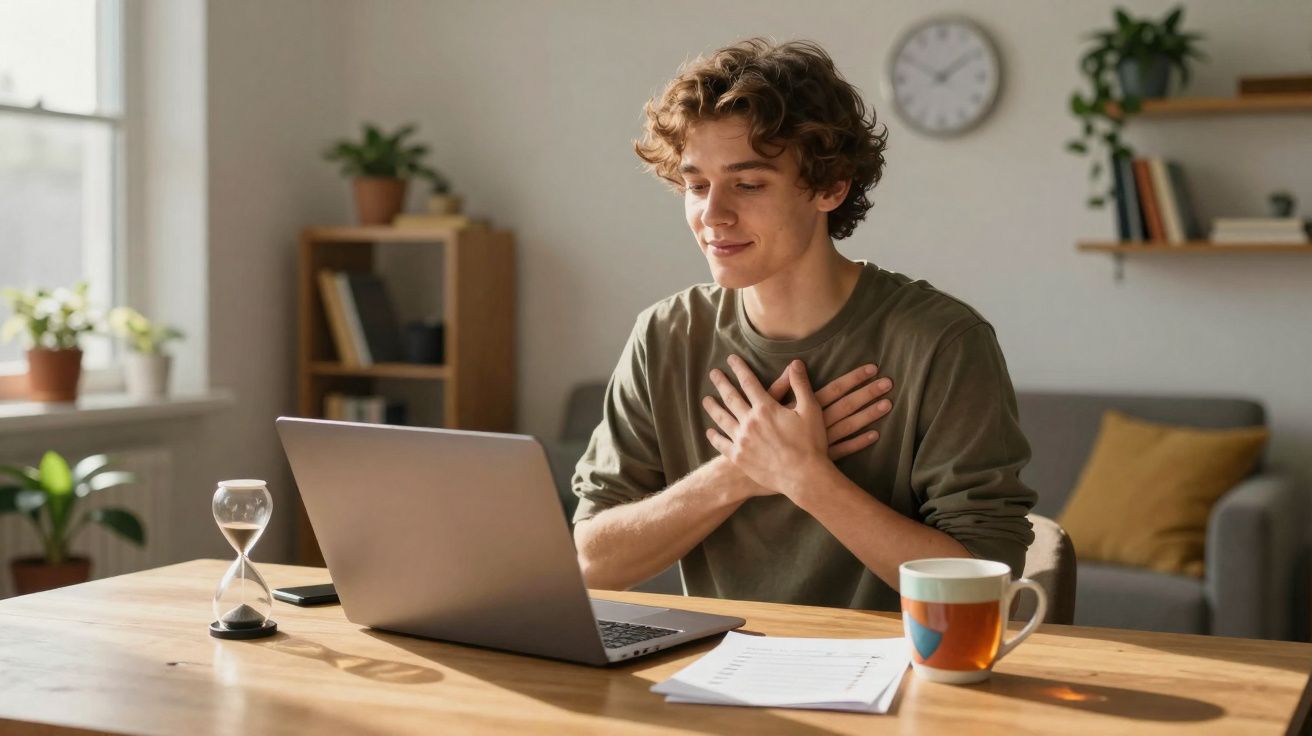 Jovem sentado a trabalhar num computador portátil em casa com as mãos no peito e expressão tranquila.