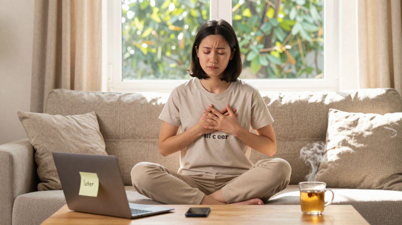 Mulher sentada no sofá com mãos no peito, aparentando dor, ao lado de computador e chá quente numa sala iluminada.