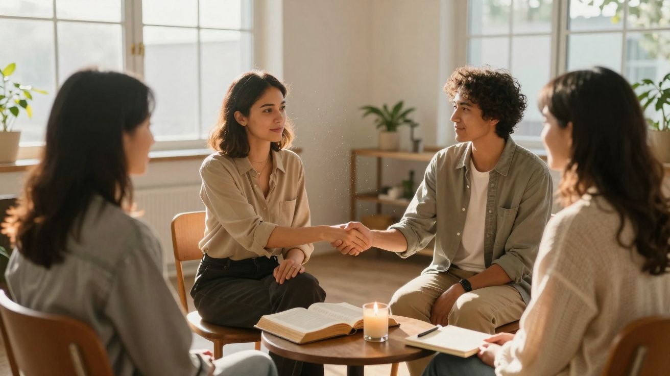 Grupo de quatro pessoas numa reunião, duas delas a cumprimentarem-se com um aperto de mão.
