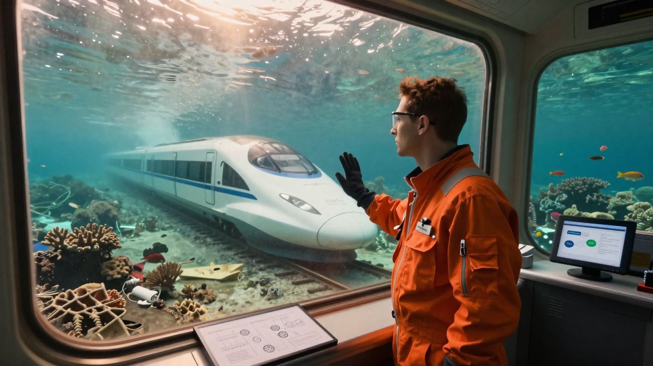 Homem de fato laranja observa comboio de alta velocidade a passar debaixo de água junto a coral e peixes.
