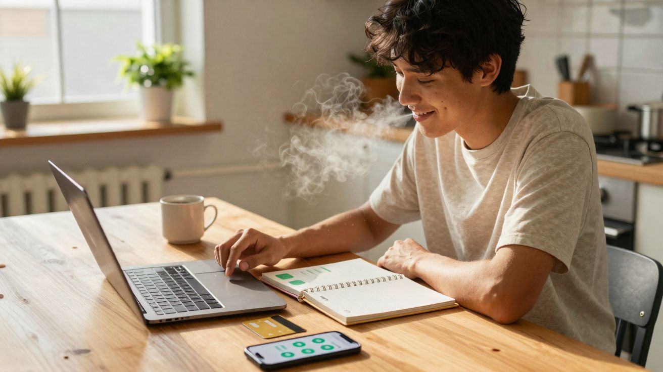 Pessoa sorridente a usar computador portátil numa mesa com agenda, telemóvel e chá quente a fumegar.