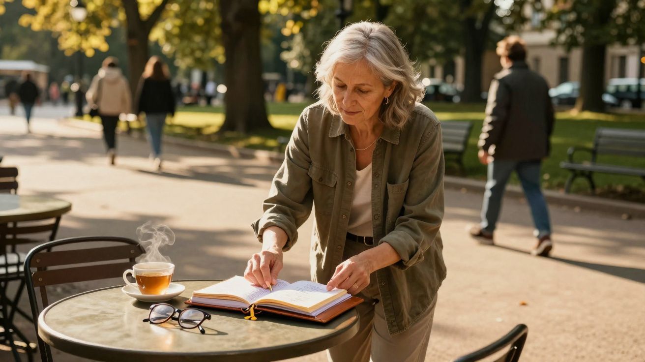 Mulher madura a ler um livro num café ao ar livre com chá quente num dia soalheiro no parque.