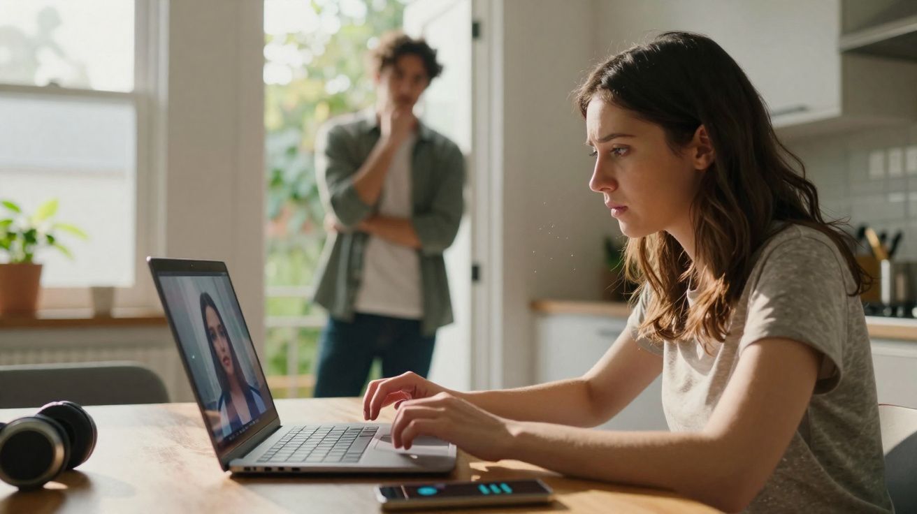 Mulher concentrada a usar computador portátil numa mesa, com homem pensativo ao fundo numa cozinha iluminada.