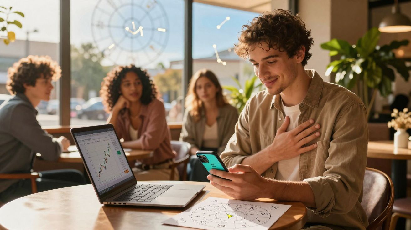 Jovem sorridente a usar telemóvel numa mesa com portátil, rodeado por três pessoas num ambiente luminoso e acolhedor.