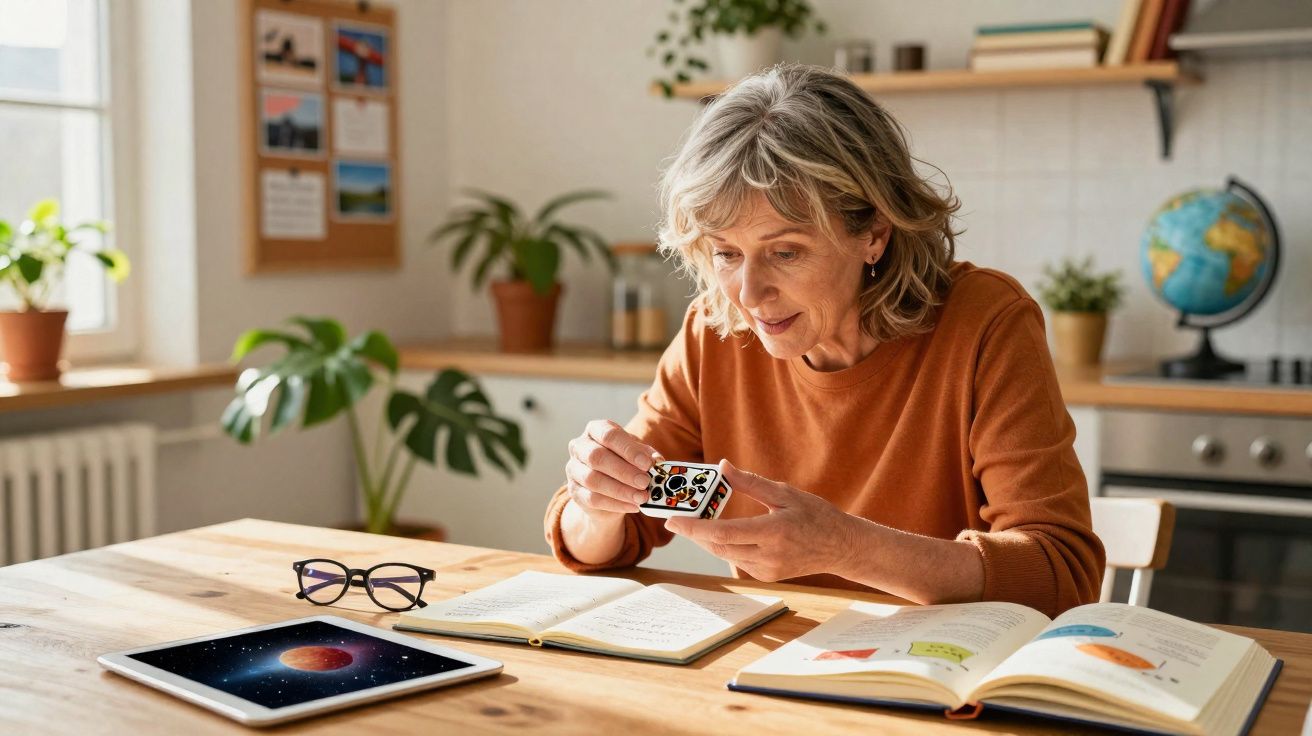 Mulher sentada à mesa em ambiente caseiro a olhar para um cubo mágico com livros e tablet ao lado.