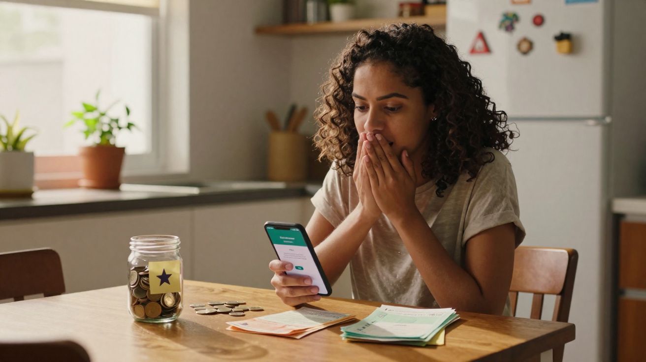 Mulher sentada à mesa com expressão preocupada olhando para o telemóvel com moedas e documentos à frente.