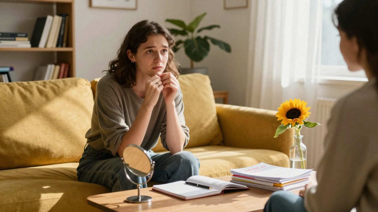 Jovem preocupada sentada no sofá amarelo numa sala, conversando com outra pessoa fora do foco.