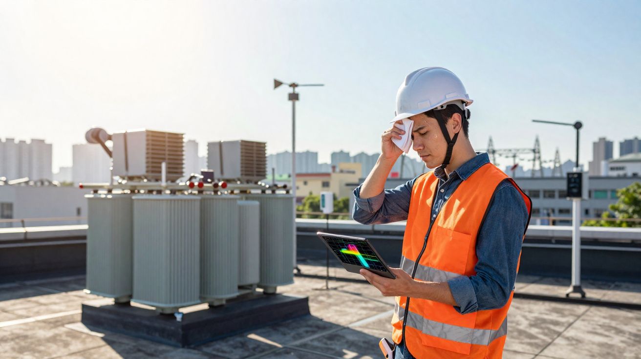 Engenheiro de segurança com capacete e colete a limpar o suor enquanto verifica dados num tablet num telhado industrial.