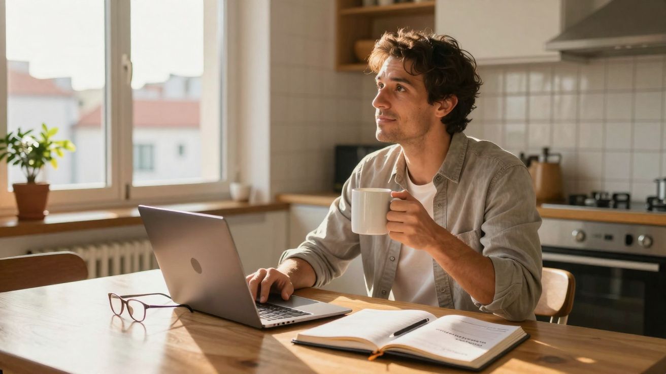 Homem jovem a trabalhar no computador com caneca na mão e caderno aberto na cozinha iluminada por luz natural.