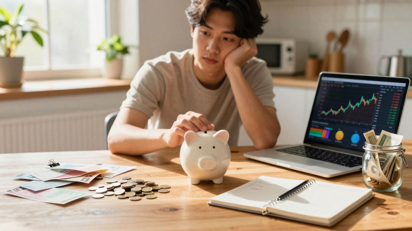 Jovem pensativo com um mealheiro, moedas, notas, computador com gráficos financeiros e caderno numa mesa.