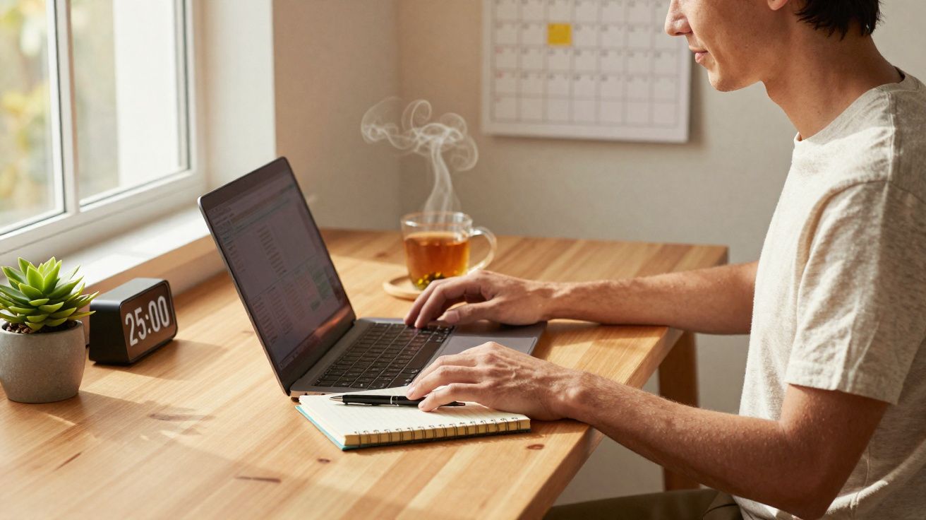 Pessoa a trabalhar num computador portátil numa secretária de madeira com chá quente, caderno e relógio digital.